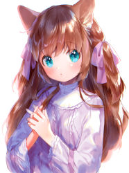Rule 34 | 1girl, animal ears, aqua eyes, blush, brown hair, commentary request, dress, hair ribbon, highres, long hair, long sleeves, looking at viewer, mutou mato, original, own hands together, parted lips, purple dress, purple ribbon, ribbon, simple background, solo, upper body, white background