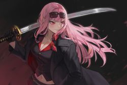 Rule 34 | 1girl, absurdres, black jacket, black shirt, breasts, cleavage, closed mouth, commentary, eyewear on head, floating hair, highres, holding, holding sword, holding weapon, hololive, hololive english, jacket, large breasts, long hair, long sleeves, looking away, looking to the side, maenoo, midriff, mori calliope, navel, open clothes, open jacket, over shoulder, pink hair, q (hololive), red eyes, shirt, smile, solo, sunglasses, sword, upper body, virtual youtuber, weapon, weapon over shoulder