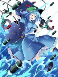 Rule 34 | 1girl, backpack, bad id, bad pixiv id, bag, black gloves, blue eyes, blue hair, crowbar, gloves, hair bobbles, hair ornament, hat, highres, holding, holding crowbar, kawashiro nitori, looking at viewer, matching hair/eyes, mechanical arms, one eye closed, open mouth, rihito (usazukin), shirt, short sleeves, skirt, smile, solo, touhou, twintails, two side up, water