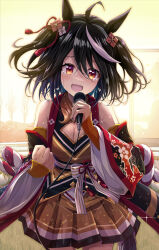 Rule 34 | 1girl, ahoge, animal ears, black hair, blush, breasts, cleavage, cleavage cutout, clenched hand, clothing cutout, commentary, crying, crying with eyes open, detached sleeves, hair between eyes, hair ornament, highres, holding, holding microphone, horse ears, horse girl, horse tail, kitasan black (umamusume), looking at viewer, medium breasts, microphone, murasaki himuro, music, open mouth, red eyes, singing, solo, stage, tail, tears, umamusume