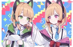 Rule 34 | 2girls, :3, animal ear headphones, animal ears, aqua bow, blonde hair, blue archive, blue necktie, bow, cat ear headphones, cheek pinching, cjsdh1000, closed mouth, collared shirt, controller, fake animal ears, game controller, green eyes, hair bow, halo, headphones, holding, holding controller, holding game controller, jacket, jacket partially removed, long sleeves, looking at another, midori (blue archive), momoi (blue archive), multiple girls, necktie, off shoulder, pinching, pink eyes, red bow, shirt, siblings, sisters, suspenders, sweat, twins, upper body, white shirt, wide sleeves