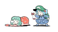 Rule 34 | 2girls, airhorn, backpack, bag, blanket, blue footwear, blue hair, chibi, closed eyes, green hair, hair bobbles, hair ornament, hat, highres, holding, jewelry, kagiyama hina, kawashiro nitori, key, key necklace, long hair, multiple girls, necklace, nose bubble, oysterfried, pouch, ribbon, simple background, skirt, sleeping, smile, touhou, twintails, unworn ribbon, white background
