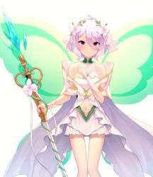 Rule 34 | 1girl, bare shoulders, blush, bow, breasts, closed mouth, clothing request, collarbone, commentary request, detached sleeves, fairy wings, feet out of frame, flower, green wings, hair between eyes, hair flower, hair ornament, hanavvi, hand up, holding, holding staff, kokkoro (princess) (princess connect!), kokkoro (princess connect!), looking at viewer, md5 mismatch, navel, pleated skirt, pointy ears, princess connect!, resolution mismatch, see-through, silver hair, skirt, small breasts, solo, source larger, split mouth, staff, white background, white bow, white skirt, wings