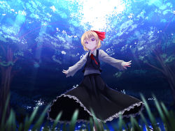 Rule 34 | 1girl, absurdres, bad id, bad nicoseiga id, blonde hair, forest, frilled skirt, frills, grass, hair ribbon, highres, light rays, nature, red eyes, rerrere, ribbon, rumia, shirt, short hair, skirt, solo, sunlight, touhou, tree, vest