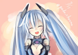 Rule 34 | 10s, 1girl, bare shoulders, black heart (neptunia), blush, breasts, cleavage, gloves, long hair, looking at viewer, neptune (series), noire (neptunia), padocchi (kurokitsune), sketch, smile, solo, twintails, white hair
