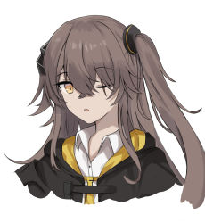Rule 34 | 1girl, :o, black jacket, brown hair, collared shirt, girls&#039; frontline, jacket, long hair, mod3 (girls&#039; frontline), multico, one eye closed, one side up, scar, scar across eye, shirt, simple background, solo, ump45 (girls&#039; frontline), ump45 (mod3) (girls&#039; frontline), white background, white shirt, yellow eyes