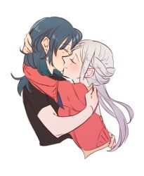 Rule 34 | 2girls, black shirt, blue hair, blush, breasts, byleth (female) (fire emblem), byleth (fire emblem), closed mouth, commentary request, couple, dress, edelgard von hresvelg, fire emblem, fire emblem: three houses, from side, hair between eyes, hand on another&#039;s head, hug, kiss, long hair, long sleeves, multiple girls, nintendo, red dress, riromomo, shirt, short sleeves, side ponytail, sidelocks, simple background, smile, upper body, white background, white hair, yuri