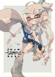 Rule 34 | 1girl, black shorts, boots, border, braid, buttons, closed mouth, commentary request, facial mark, fish bone, gradient hair, green hat, green pupils, grey background, grey footwear, hair ornament, hair scrunchie, hairclip, hat, highres, holding, holding paintbrush, inkbrush (splatoon), inkling, inkling girl, inkling player character, leg up, long hair, looking at viewer, mouth hold, multicolored hair, nintendo, outside border, p-pepper, paint, paintbrush, pink eyes, pink hair, pointy ears, sample watermark, scrunchie, shirt, shoelaces, short shorts, shorts, sidelocks, simple background, smile, smirk, solo, splatoon (series), star (symbol), star facial mark, suction cups, tentacle hair, thick eyebrows, twin braids, v-shaped eyebrows, very long hair, watermark, white border, white hair, white scrunchie, white shirt