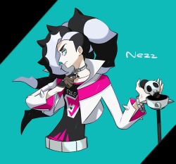 Rule 34 | 1boy, black hair, blue eyes, collarbone, commentary request, creatures (company), cropped jacket, eyeshadow, game freak, gloves, highres, kanianoreki, looking at viewer, makeup, male focus, microphone, multicolored hair, nintendo, pale skin, pendant choker, piers (pokemon), pokemon, pokemon swsh, single glove, solo, two-tone hair, white hair