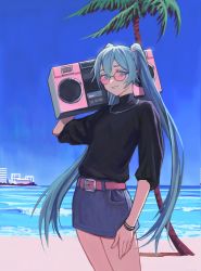 Rule 34 | 1girl, aqua hair, beach, belt, black-framed eyewear, black sweater, blue eyes, blue skirt, blue sky, boombox, carrying over shoulder, coconut tree, commentary, day, denim, denim skirt, english commentary, facing viewer, flat chest, hatsune miku, highres, jewelry, legs together, long hair, looking at viewer, miniskirt, necklace, ocean, outdoors, palm tree, pencil skirt, pink-tinted eyewear, pink-tinted glasses, pink belt, round eyewear, skirt, sky, sleeves pushed up, smile, solo, standing, sunglasses, sweater, synthwave, tinted eyewear, tree, turtleneck, turtleneck sweater, twintails, vaporwave, vertigris, very long hair, vocaloid