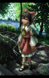 Rule 34 | 1girl, bad id, bad pixiv id, black hair, bow, brown eyes, detached sleeves, face, female focus, forest, gohei, hakurei reimu, highres, japanese clothes, kurione (pixiv), kurione (zassou), letterboxed, mary janes, miko, nature, ribbon, shade, shoes, solo, stairs, touhou, tree, walking, water