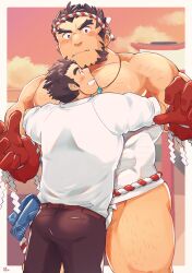 Rule 34 | 2boys, absurdres, ass, bara, blush, chest hair, eye contact, feet out of frame, forked eyebrows, hachimaki, hairy, happy, headband, height difference, highres, hug, large hands, large pectorals, long sideburns, looking at another, male focus, mature male, midriff sarashi, multiple boys, muscular, muscular male, mutton chops, nejiri hachimaki, pants, pectorals, protagonist 3 (housamo), sarashi, sawch cls, short hair, sideburns, size difference, sparse arm hair, sparse chest hair, sparse leg hair, tajikarao (housamo), thick eyebrows, thick thighs, thighs, tokyo houkago summoners, yaoi
