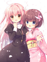 Rule 34 | 2girls, :d, ahoge, black dress, blue eyes, blush, breasts, brown eyes, brown hair, cherry blossom print, cherry blossoms, commentary request, cowboy shot, cross, cross necklace, dress, fang, floral print, flower, hair between eyes, hair flower, hair ornament, japanese clothes, jewelry, juliet sleeves, kimono, long hair, long sleeves, looking at viewer, looking to the side, medium breasts, miyasaka miyu, multiple girls, necklace, nun, obi, open mouth, original, outstretched arm, petals, pink hair, pink kimono, pinwheel, print kimono, puffy sleeves, sash, shirt, short hair with long locks, smile, standing, tareme, turtleneck, two side up, undershirt, very long hair, white background, white shirt, wide sleeves