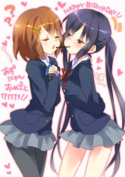 Rule 34 | 2girls, blush, brown eyes, brown hair, ech, closed eyes, hair ornament, hairpin, hands on own chest, heart, hirasawa yui, imminent kiss, k-on!, mouth hold, multiple girls, nakano azusa, open mouth, pantyhose, pocky, pocky kiss, purple hair, school uniform, shared food, shirt, skirt, translation request, twintails, yuri