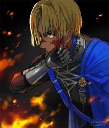 Rule 34 | 1boy, armor, blonde hair, blood, blood on face, blood on hands, blue cape, blue eyes, cape, closed mouth, dated, dimitri alexandre blaiddyd, embers, fire, fire emblem, fire emblem: three houses, fon-due (fonfon), from side, garreg mach monastery uniform, gauntlets, looking ahead, male focus, nintendo, signature, solo, upper body, wiping blood