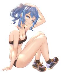 Rule 34 | 1girl, absurdres, arm support, bare arms, bare legs, black bra, black footwear, black panties, blue eyes, blue hair, blush, bra, breasts, cleavage, closed mouth, collarbone, female focus, from side, hand on own head, head tilt, highres, hololive, honkivampy, hoshimachi suisei, legs, long hair, looking at viewer, matching hair/eyes, midriff, navel, panties, shoes, side ponytail, sidelocks, simple background, sitting, small breasts, smile, sneakers, socks, solo, spaghetti strap, sports bra, sweat, thighs, underwear, underwear only, virtual youtuber, white background