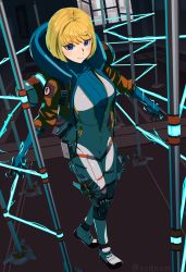 Rule 34 | 1girl, animification, apex legends, artist name, blonde hair, blue eyes, blue sweater, blush, bodysuit, dangoyan, electricity, facial scar, from above, highres, jacket, lichtenberg figure, looking ahead, open bodysuit, open clothes, open hands, orange jacket, pole, ribbed sweater, scar, scar on cheek, scar on face, science fiction, short hair, smile, solo, sweater, turtleneck, wattson (apex legends), white bodysuit