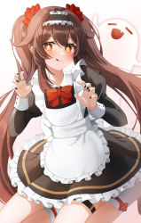 Rule 34 | 1girl, :p, alternate costume, apron, black dress, black nails, blush, brown hair, claw pose, dress, enmaided, closed eyes, fang, frilled dress, frills, genshin impact, ghost, gya (144), highres, hu tao (genshin impact), jewelry, long hair, long sleeves, maid, maid apron, maid headdress, nail polish, open mouth, puffy long sleeves, puffy sleeves, red eyes, ring, socks, symbol-shaped pupils, thighlet, tongue, tongue out, twintails, very long hair