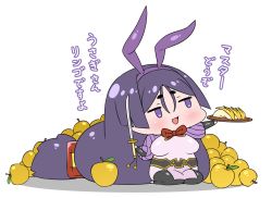 Rule 34 | 1girl, animal ears, apple, breasts, chibi, commentary request, fake animal ears, fate/grand order, fate (series), food, fruit, hairband, highres, large breasts, long hair, low-tied long hair, minamoto no raikou (fate), open mouth, parted bangs, pelvic curtain, plate, purple eyes, purple hair, rabbit ears, rei (rei rr), seiza, sitting, smile, solo, sword, translation request, very long hair, weapon