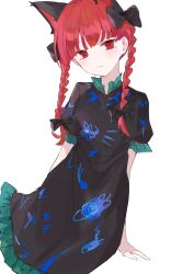 Rule 34 | 1girl, absurdres, animal ears, black dress, blush, bow, braid, cat ears, dress, extra ears, frills, hair bow, highres, kaenbyou rin, looking at viewer, official alternate costume, puffy short sleeves, puffy sleeves, red eyes, red hair, short sleeves, simple background, solo, touhou, twin braids, unfinished dream of all living ghost, user jvdj2853, white background