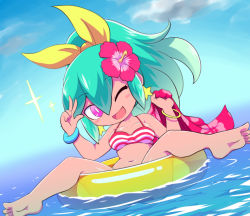 Rule 34 | 10s, 1girl, ;d, aqua hair, ass, barefoot, beachhime, bikini, bikini top only, blue sky, blush stickers, breasts, chibi, cloud, commentary, day, earrings, feet, flower, hair between eyes, hair flower, hair ornament, hair ribbon, hibiscus, innertube, jewelry, long hair, looking at viewer, medium breasts, navel, nollety, one eye closed, open mouth, outdoors, pink eyes, ponytail, ribbon, sky, smile, solo, sparkle, spread legs, star (symbol), star earrings, striped bikini, striped bikini top, striped clothes, swim ring, swimsuit, transparent, v, water, youkai watch