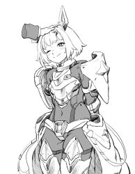 Rule 34 | 1girl, armor, armored bodysuit, armored gloves, arms behind back, blush, breastplate, closed mouth, cowboy shot, flat chest, floating, floating object, goddess of victory: nikke, greyscale, headgear, headpat, highres, hip armor, leg armor, monochrome, noah (nikke), one eye closed, pauldrons, short hair, shoulder armor, simple background, smile, solo, sparkle hair ornament, utsuke (u tuk e), white background