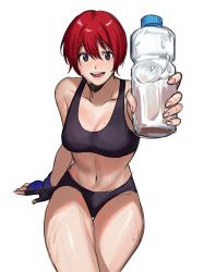 Rule 34 | 1girl, :d, blush, bottle, breasts, brown eyes, character request, copyright request, gloves, han soo-min (hanny), hanny (uirusu chan), highres, holding, holding bottle, looking at viewer, medium breasts, midriff, navel, open mouth, original, red hair, short hair, short shorts, shorts, single glove, smile, solo, sports bra, sweat, tomboy, water