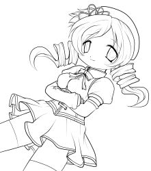 Rule 34 | 10s, 1girl, absurdres, beret, blush, breasts, corset, detached sleeves, drill hair, dutch angle, fingerless gloves, gloves, greyscale, hair ornament, hairpin, hat, highres, lineart, long hair, looking at viewer, magical girl, mahou shoujo madoka magica, mahou shoujo madoka magica (anime), monochrome, puffy sleeves, ribbon, shirt, skirt, smile, solo, taut clothes, taut shirt, thighhighs, tomoe mami, transparent background, twin drills, twintails, weapon, yume shokunin, zettai ryouiki