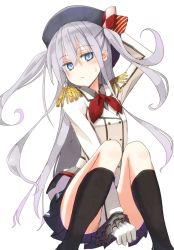 Rule 34 | 1girl, aqua eyes, cosplay, covering privates, covering crotch, hat, hibiki (kancolle), hibiki (kantai collection), jacket, kantai collection, kashima (kancolle) (cosplay), kashima (kancolle), long hair, long sleeves, looking at viewer, military, military uniform, mochiki, silver hair, sitting, skirt, solo, two side up, uniform, upskirt, verniy (kancolle), very long hair
