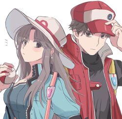 Rule 34 | 1boy, 1girl, alternate costume, blush, brown hair, closed mouth, coat, commentary request, creatures (company), eyelashes, game freak, green jacket, hand on headwear, hat, holding, holding poke ball, jacket, korean commentary, leaf (pokemon), long hair, memoji 7672, nintendo, notice lines, open clothes, open coat, poke ball, poke ball (basic), pokemon, pokemon frlg, pokemon masters ex, red (pokemon), red (sygna suit) (pokemon), red coat, red headwear, short hair, sidelocks, simple background, sleeveless, sleeveless coat, vs seeker, white background, white headwear, zipper, zipper pull tab