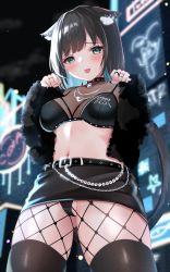 Rule 34 | 1girl, animal ear fluff, animal ears, belt, black hair, black panties, black thighhighs, blue hair, blurry, blurry background, blush, breasts, cat ears, cat tail, colored inner hair, ear piercing, fishnet thighhighs, fishnets, gluteal fold, green eyes, highres, jacket, jewelry, katsushika pachi, looking at viewer, medium breasts, multicolored hair, navel, necklace, open clothes, open jacket, original, panties, pantyhose, paw pose, piercing, ring, short hair, skirt, solo, tail, thighhighs, tongue, tongue out, tongue piercing, underwear