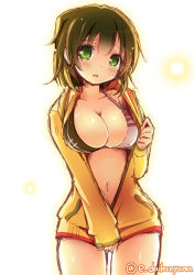 Rule 34 | 10s, 1girl, bikini, blush, breasts, brown hair, cleavage, cowboy shot, daikan&#039;yama ebisu, green eyes, head tilt, hiryuu (kancolle), jacket, kantai collection, large breasts, looking at viewer, multicolored bikini, multicolored clothes, navel, open clothes, open jacket, short hair, simple background, solo, swimsuit, twitter username, white background