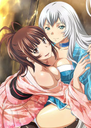 Rule 34 | 2girls, aqua eyes, black thighhighs, blue choker, blue kimono, breast press, breasts, brown eyes, brown hair, choker, chouun shiryuu, cleavage, closed mouth, collarbone, floral print, grey hair, ikkitousen, japanese clothes, kimono, large breasts, leaf print, long hair, long sleeves, looking at viewer, lying, miniskirt, multiple girls, on back, open mouth, pink kimono, pink skirt, pleated skirt, ponytail, print kimono, print skirt, short kimono, skirt, slit pupils, smile, straight hair, thighhighs, unusually open eyes, very long hair, wide sleeves, yagyu mitsuyoshi, yuri