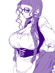 Rule 34 | 1girl, alternate costume, alternate hairstyle, apron, braid, breasts, buchou (houkago play), cleavage, corset, dirndl, german clothes, glasses, houkago play, houkago play 3, huge breasts, monochrome, purple theme, smile, sokotsu, sokotu, solo, traditional clothes, twin braids, underbust, waist apron