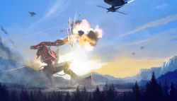 Rule 34 | battle, cloud, commentary, commentary request, contrail, densetsu kyojin ideon, energy, energy cannon, epic, explosion, firing, forest, glowing, highres, ideon, kneeling, mecha, mountainous horizon, nature, pine tree, radio antenna, realistic, robot, science fiction, smoke, spacecraft, starfighter, super robot, surrounded, thrusters, tree, umeno ryuuji