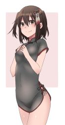 Rule 34 | 10s, 1girl, alternate costume, border, brown eyes, brown hair, china dress, chinese clothes, dress, hair between eyes, kantai collection, rinto (rint rnt), sendai (kancolle), sendai kai ni (kancolle), short hair, sleeveless, sleeveless dress, smile, solo, two side up, white border