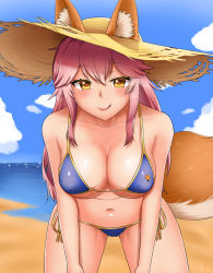 Rule 34 | 1girl, 1nilla&#039;, :q, animal ear fluff, animal ears, beach, bikini, blue bikini, blush, breasts, covered erect nipples, cowboy shot, day, ears through headwear, fate/grand order, fate (series), fox ears, fox print, fox tail, hat, heart, heart-shaped pupils, highres, inverted nipples, large breasts, leaning forward, licking lips, long hair, looking at viewer, navel, ocean, outdoors, pink hair, side-tie bikini bottom, sky, solo, straw hat, sun hat, swimsuit, symbol-shaped pupils, tail, tamamo (fate), tamamo no mae (fate/extra), tamamo no mae (swimsuit lancer) (fate), tongue, tongue out, wet, yellow eyes