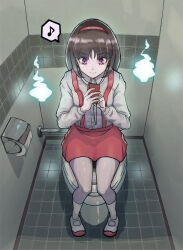 Rule 34 | 1girl, brown hair, cellphone, closed mouth, collared shirt, earbuds, earphones, gegege no kitarou, hairband, hanako-san (gegege no kitarou), highres, holding, holding phone, musical note, osakanaotoko, phone, purple eyes, red hairband, red skirt, shirt, sitting, skirt, smile, solo, speech bubble, spoken musical note, suspender skirt, suspenders, toilet, toilet paper, toilet stall