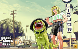 Rule 34 | 1girl, abs, aircraft, alcohol, alice margatroid, alternate costume, bike shorts, black headwear, black shorts, blonde hair, blouse, blue eyes, bow, braid, building, car, chain, city, closed mouth, cloud, collar, commentary request, cookie (touhou), dirigible, dog, english text, feet out of frame, glowing, glowing eyes, grand theft auto, grand theft auto: san andreas, grand theft auto v, hairband, hat, hat bow, highres, holding, holding smoking pipe, house, industrial pipe, liquor, mars (cookie), megafaiarou (talonflame 810), monster, motor vehicle, muscular, muscular female, open mouth, palm tree, red eyes, red hairband, sakuranbou (cookie), saliva, shirt, short hair, shorts, single braid, sky, smoking pipe, solo, standing, teeth, touhou, tree, utility pole, van, white bow, white shirt, witch hat