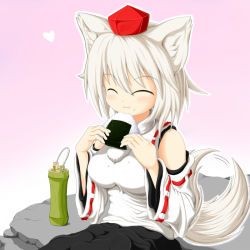 Rule 34 | 1girl, animal ears, breasts, closed eyes, detached sleeves, eating, fang, food, gradient background, hat, heart, inubashiri momiji, large breasts, nawiria vire, onigiri, pom pom (clothes), rice, rock, short hair, silver hair, sitting, sitting on rock, solo, tail, tail wagging, tokin hat, touhou, wolf ears, wolf tail