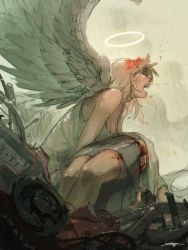 Rule 34 | absurdres, angel, angel wings, bare shoulders, blood, blood on clothes, breasts, brown hair, car, car crash, cleavage, crying, death, dress, feathered wings, flower, grey skirt, hair flower, hair ornament, halo, highres, holding person, light brown hair, long hair, motor vehicle, open mouth, original, outdoors, rain, red flower, signature, silhouette, skirt, smoke, steering wheel, teeth, upper teeth only, wet, wet clothes, white dress, wings, zeniyan