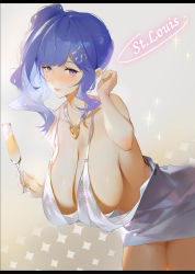 Rule 34 | 1girl, absurdres, alcohol, azur lane, backless dress, backless outfit, bare shoulders, blue hair, blush, breasts, cleavage, cup, dress, evening gown, grey dress, hair ornament, hairclip, halter dress, halterneck, hanging breasts, helic (7317helic), highres, holding, holding cup, jewelry, large breasts, leaning forward, looking at viewer, necklace, no bra, plunging neckline, purple eyes, revealing clothes, short dress, side ponytail, sideboob, sidelocks, silver dress, st. louis (azur lane), st. louis (luxurious wheels) (azur lane), standing, thighs