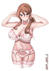 Rule 34 | 1girl, alternate costume, armpits, arms up, blush, bra, breasts, commentary request, garter straps, hair between eyes, highres, kantai collection, large breasts, legs together, littorio (kancolle), long hair, looking at viewer, one-hour drawing challenge, panties, parted lips, simple background, smile, solo, tf cafe, thighhighs, twitter username, underwear, underwear only, white background, white thighhighs