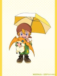 Rule 34 | 1boy, :d, bandana, blonde hair, blue eyes, boots, brown footwear, child, commentary request, crests (digimon), digimon, digimon (creature), digimon adventure, durag, green jumpsuit, highres, holding, holding digimon, holding umbrella, jumpsuit, official art, one eye closed, open mouth, patamon, smile, takaishi takeru, toei animation, umbrella, yellow umbrella
