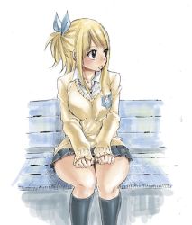 Rule 34 | 1girl, bench, blonde hair, fairy tail, lucy heartfilia, mashima hiro, official art, school uniform, sitting, solo