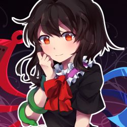 Rule 34 | 1girl, animal, asymmetrical wings, black dress, black hair, blush, bow, bowtie, buttons, closed mouth, collar, dress, eyebrows, frilled collar, frills, hand on own cheek, hand on own face, houjuu nue, kaoling, red bow, red bowtie, red eyes, short hair, short sleeves, smile, snake, solo, tareme, touhou, upper body, wings
