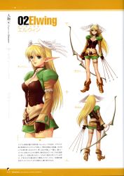 Rule 34 | 1girl, arrow (projectile), belt, blonde hair, blue eyes, boots, bow (weapon), breasts, character sheet, choker, cleavage, crop top, elf, elwing, feathers, head wings, high heels, highres, leg belt, legs, long hair, long legs, medium breasts, midriff, pointy ears, quiver, scan, sega, shining (series), shining tears, shoes, skirt, smile, solo, thigh strap, thighs, tony taka, weapon, wings