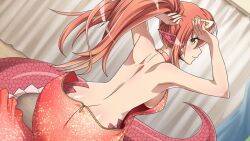Rule 34 | 1girl, artist request, back, bare shoulders, blush, breasts, dress, dressing, game cg, hair between eyes, hair ornament, hairclip, lamia, large breasts, long hair, looking at viewer, miia (monster musume), monster girl, monster musume no iru nichijou, monster musume no iru nichijou online, official alternate costume, official art, pointy ears, ponytail, red dress, red hair, red scales, scales, solo, yellow eyes