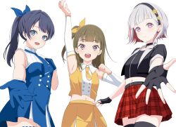 3girls :d absurdres arm_up armpit_crease armpits black_choker black_gloves black_jacket black_shirt blue_bow blue_dress blue_eyes blue_gloves blue_hair bob_cut bow breasts brown_hair buttons center-flap_bangs choker clenched_hand closed_mouth collarbone collared_shirt colored_inner_hair commentary_request cropped_jacket cropped_shirt dark_blue_hair detached_sleeves diagonal_bangs dollchestra double-breasted dress earrings fingerless_gloves gloves grey_hair hair_bow high_ponytail highres inverted_bob jacket jewelry kachimachi_kosuzu link!_like!_love_live! long_hair love_live! midriff miniskirt multicolored_hair multiple_girls murano_sayaka navel offering_hand official_alternate_costume official_alternate_hairstyle one_side_up open_clothes open_jacket open_mouth outstretched_arm pink_eyes plaid_clothes plaid_skirt pleated_dress pleated_skirt ponytail proof_(love_live!) reaching reaching_towards_viewer red_hair red_skirt shirt short_dress short_hair side_ahoge simple_background skirt sleeveless sleeveless_dress small_breasts smile split_mouth star_(symbol) star_choker star_earrings star_hairband straight_hair streaked_hair teeth thighhighs upper_teeth_only virtual_youtuber white_background white_sleeves yellow_bow yellow_shirt yellow_skirt yugiri_tsuzuri zanpon zettai_ryouiki