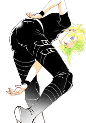 Rule 34 | 1boy, ass, bae (baebae), bent over, blonde hair, from behind, from below, green hair, highres, leather, leather pants, lio fotia, male focus, pants, promare, purple eyes, shirt, solo, t-shirt